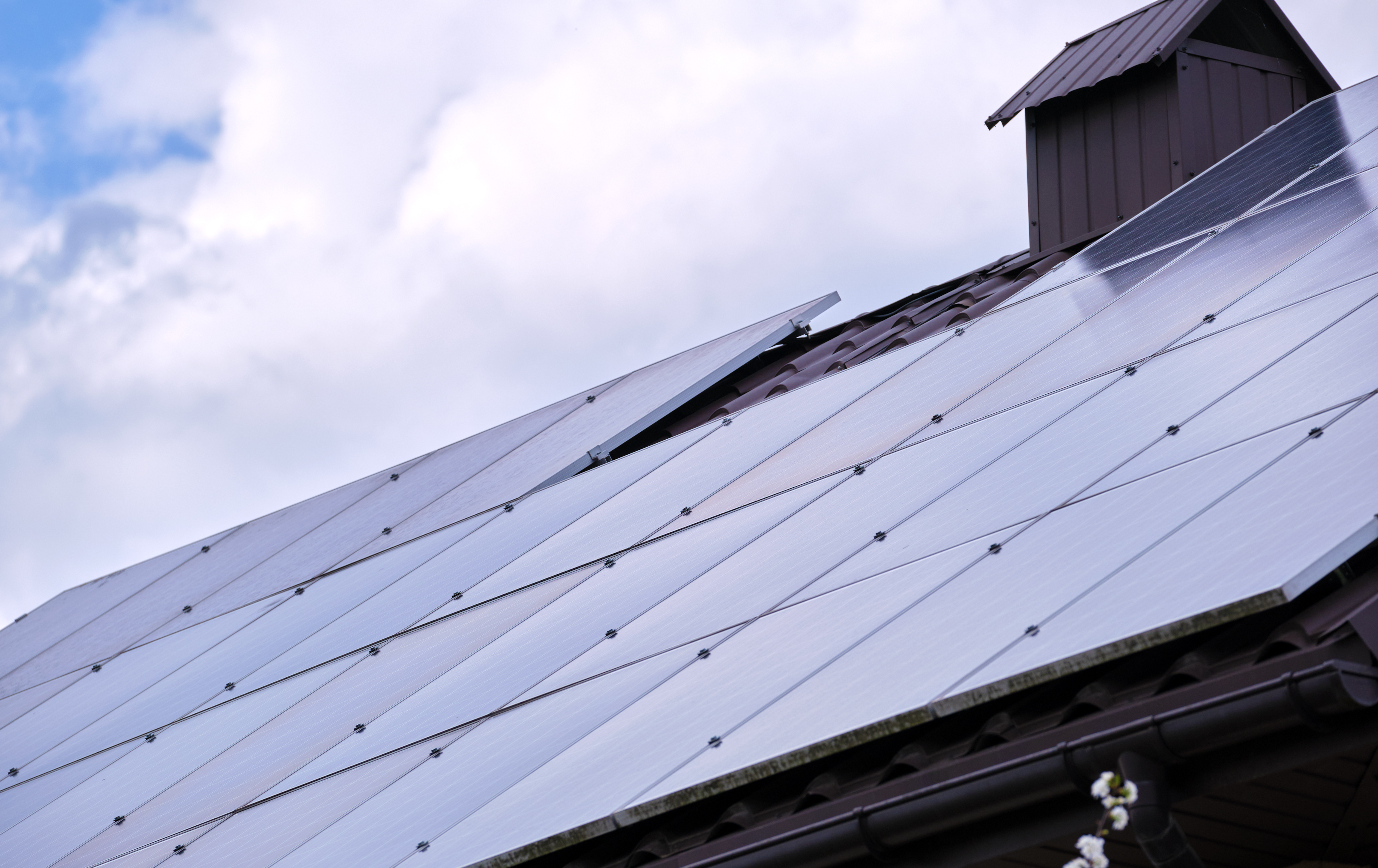 Solar photovoltaic panels fitted to a residential roof